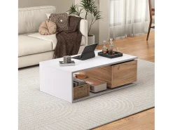 Mesa de centro laqueada de alto brilho - 90 x 50 x 30 cm - com 1 gaveta giratória 360° + espaço de armazenamento aberto - MDF - branco e natural