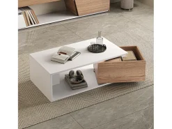 Mesa de centro laqueada de alto brilho - 90 x 50 x 30 cm - com 1 gaveta giratória 360° + espaço de armazenamento aberto - MDF - branco e natural