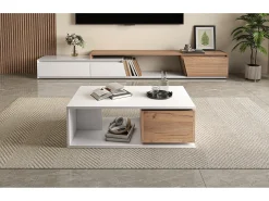 Mesa de centro laqueada de alto brilho - 90 x 50 x 30 cm - com 1 gaveta giratória 360° + espaço de armazenamento aberto - MDF - branco e natural