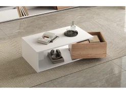 Mesa de centro laqueada de alto brilho - 90 x 50 x 30 cm - com 1 gaveta giratória 360° + espaço de armazenamento aberto - MDF - branco e natural