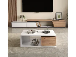 Mesa de centro laqueada de alto brilho - 90 x 50 x 30 cm - com 1 gaveta giratória 360° + espaço de armazenamento aberto - MDF - branco e natural