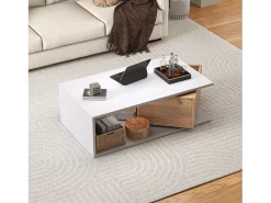 Mesa de centro laqueada de alto brilho - 90 x 50 x 30 cm - com 1 gaveta giratória 360° + espaço de armazenamento aberto - MDF - branco e natural
