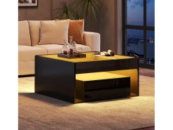 Mesa de centro laqueada de alto brilho - 70 x 70 x 35 cm - com 2 gavetas + LEDs - tampo de vidro temperado - MDF - preta