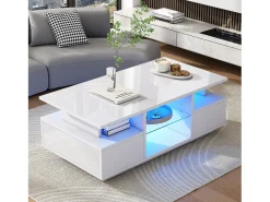 Mesa de centro laqueada de alto brilho - 100 x 50 x 36 cm - com 2 gavetas + LEDs + espaço de armazenamento aberto + divisória de vidro - aglomerado - branca