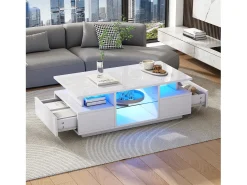 Mesa de centro laqueada de alto brilho - 100 x 50 x 36 cm - com 2 gavetas + LEDs + espaço de armazenamento aberto + divisória de vidro - aglomerado - branca