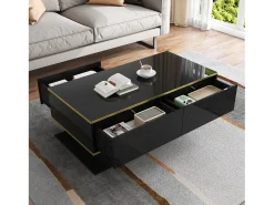 Mesa de centro LED moderna - Acabamento brilhante - Com 3 gavetas - Com iluminação LED - Preto