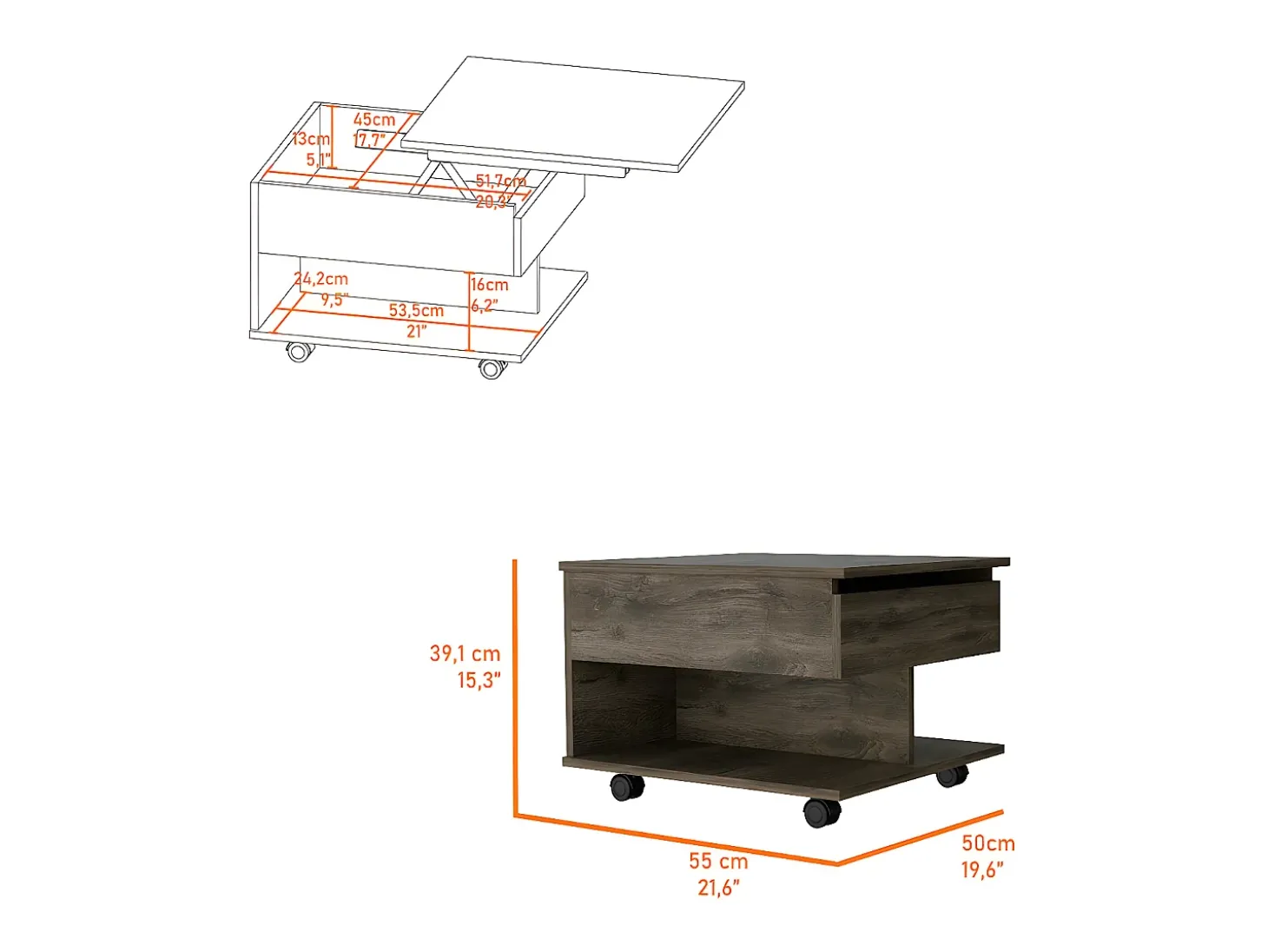 Mesa de centro Luanda em Melamina, com gaveta em calha metálica , 38.86 cm X 54.86 cm X 49.78 cm , Castanho
