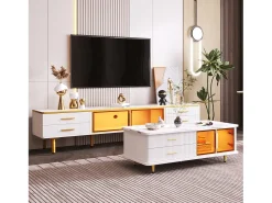 Mesa de centro, mesa lateral com porta em vidro temperado, gavetas com estrutura ondulada, puxadores e pés dourados, tampo com estrutura em mármore.