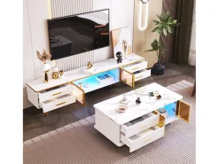 Mesa de centro, mesa lateral com porta em vidro temperado, gavetas com estrutura ondulada, puxadores e pés dourados, tampo com estrutura em mármore.