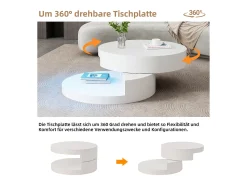 Mesa de centro moderna - 70 x 70 x 35,5 cm - mesa giratória 360° - com LEDs + armazenamento - MDF - branco