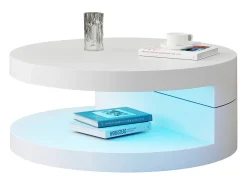 Mesa de centro moderna - 70 x 70 x 35,5 cm - mesa giratória 360° - com LEDs + armazenamento - MDF - branco