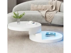 Mesa de centro moderna - 70 x 70 x 35,5 cm - mesa giratória 360° - com LEDs + armazenamento - MDF - branco