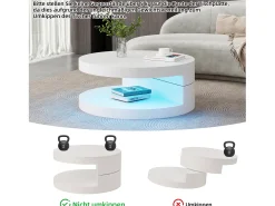 Mesa de centro moderna - 70 x 70 x 35,5 cm - mesa giratória 360° - com LEDs + armazenamento - MDF - branco