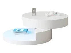 Mesa de centro moderna - 70 x 70 x 35,5 cm - mesa giratória 360° - com LEDs + armazenamento - MDF - branco