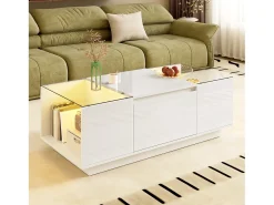 Mesa de centro moderna - 105 x 50 x 35 cm - com 2 gavetas + LEDs - tampo de vidro - aglomerado - branco