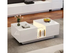 Mesa de centro moderna - 100 x 50 x 35 cm - com LEDs + 2 gavetas - tampo de acrílico - MDF - branco