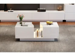 Mesa de centro moderna - 100 x 50 x 35 cm - com LEDs + 2 gavetas - tampo de acrílico - MDF - branco
