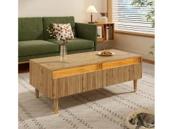 Mesa de centro moderna - 110 x 50 x 40 cm - com 2 gavetas + LEDs - MDF - natural