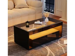 Mesa de centro moderna - 100 x 50 x 40 cm - com LEDs + 2 gavetas grandes - Aglomerado + vidro temperado - preta