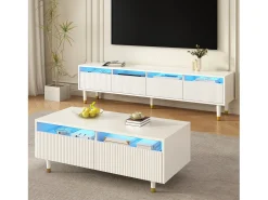 Mesa de centro moderna - 110 x 50 x 40 cm - com 2 gavetas + LEDs - MDF - branca