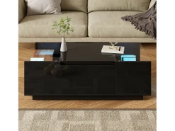 Mesa de centro moderna - 105 x 50 x 35 cm - com 2 gavetas + LEDs - tampo de vidro - aglomerado - preto