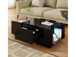 Mesa de centro moderna - 105 x 50 x 35 cm - com 2 gavetas + LEDs - tampo de vidro - aglomerado - preto