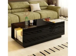 Mesa de centro moderna - 105 x 50 x 35 cm - com 2 gavetas + LEDs - tampo de vidro - aglomerado - preto