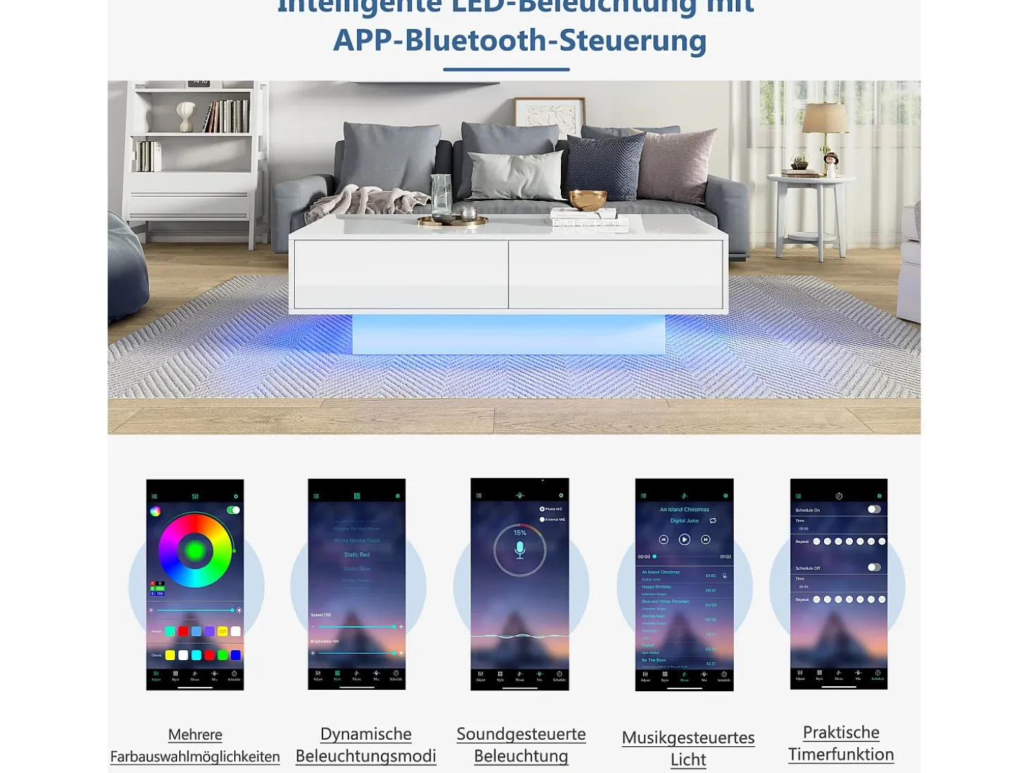 Mesa de centro moderna brilhante com 2 gavetas - 115 x 55 x 34 cm - LEDs - Aglomerado - Preto