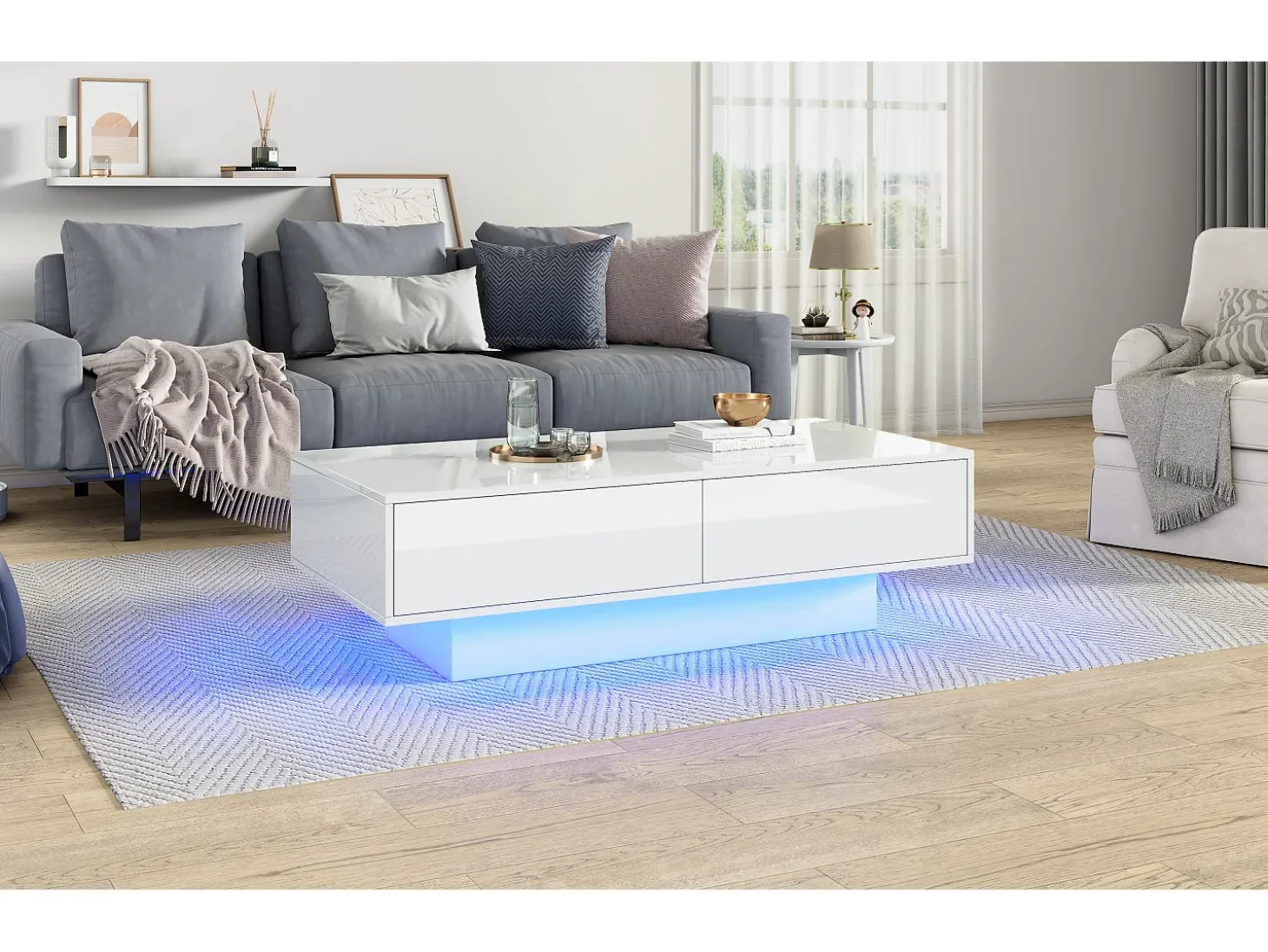 Mesa de centro moderna brilhante com 2 gavetas - 115 x 55 x 34 cm - LEDs - Aglomerado - Preto