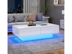 Mesa de centro moderna brilhante com 2 gavetas - 115 x 55 x 34 cm - LEDs - Aglomerado - Preto