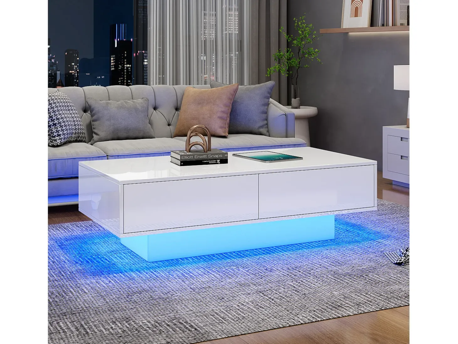 Mesa de centro moderna brilhante com 2 gavetas - 115 x 55 x 34 cm - LEDs - Aglomerado - Preto