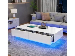 Mesa de centro moderna brilhante com 2 gavetas - 115 x 55 x 34 cm - LEDs - Aglomerado - Preto