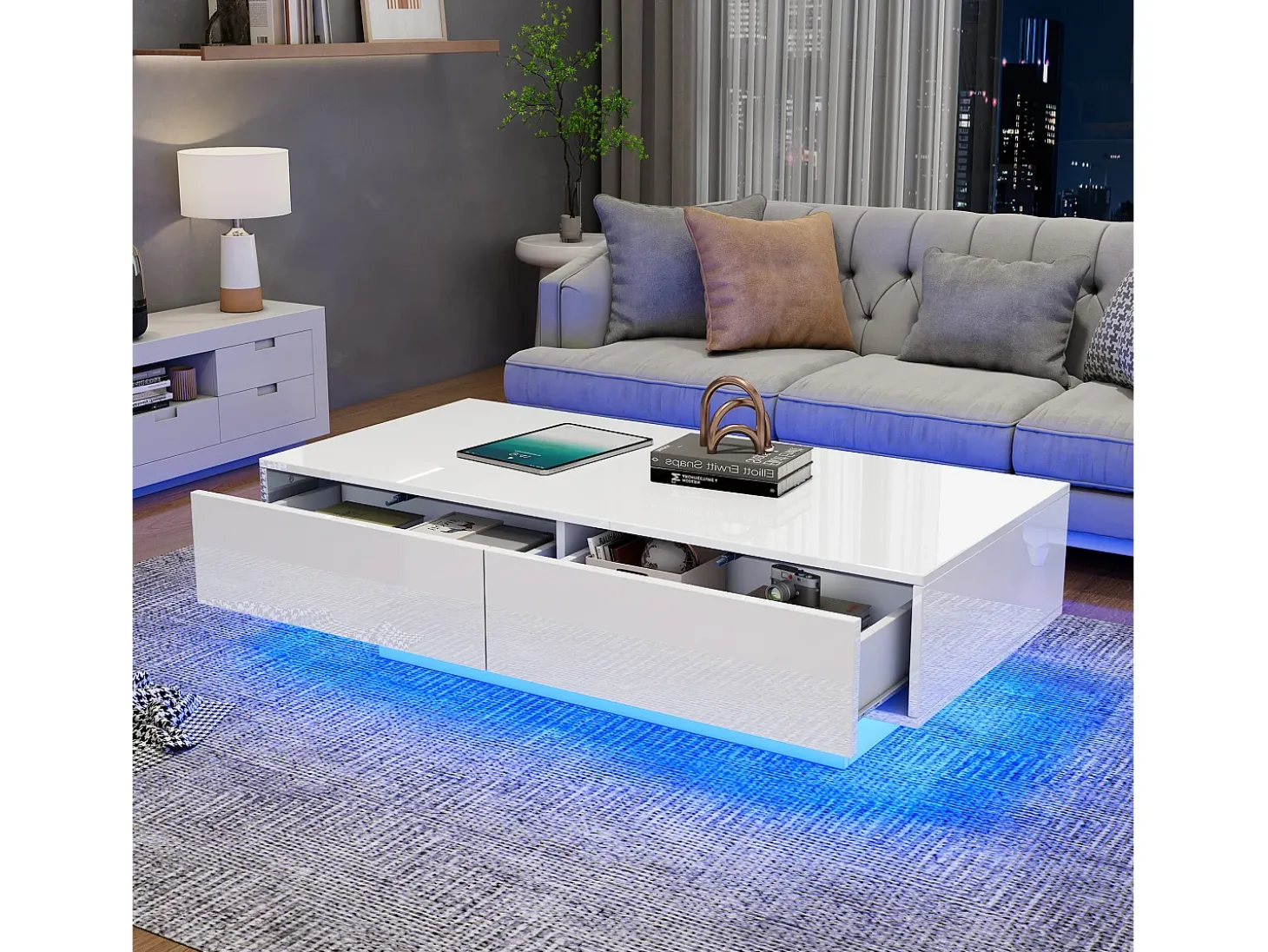 Mesa de centro moderna brilhante com 2 gavetas - 115 x 55 x 34 cm - LEDs - Aglomerado - Preto