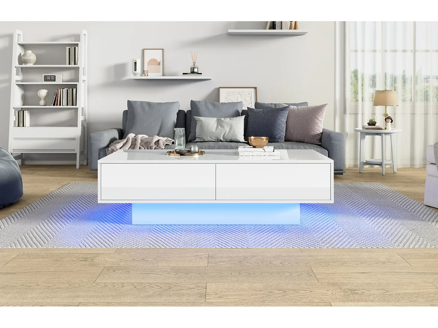 Mesa de centro moderna brilhante com 2 gavetas - 115 x 55 x 34 cm - LEDs - Aglomerado - Preto