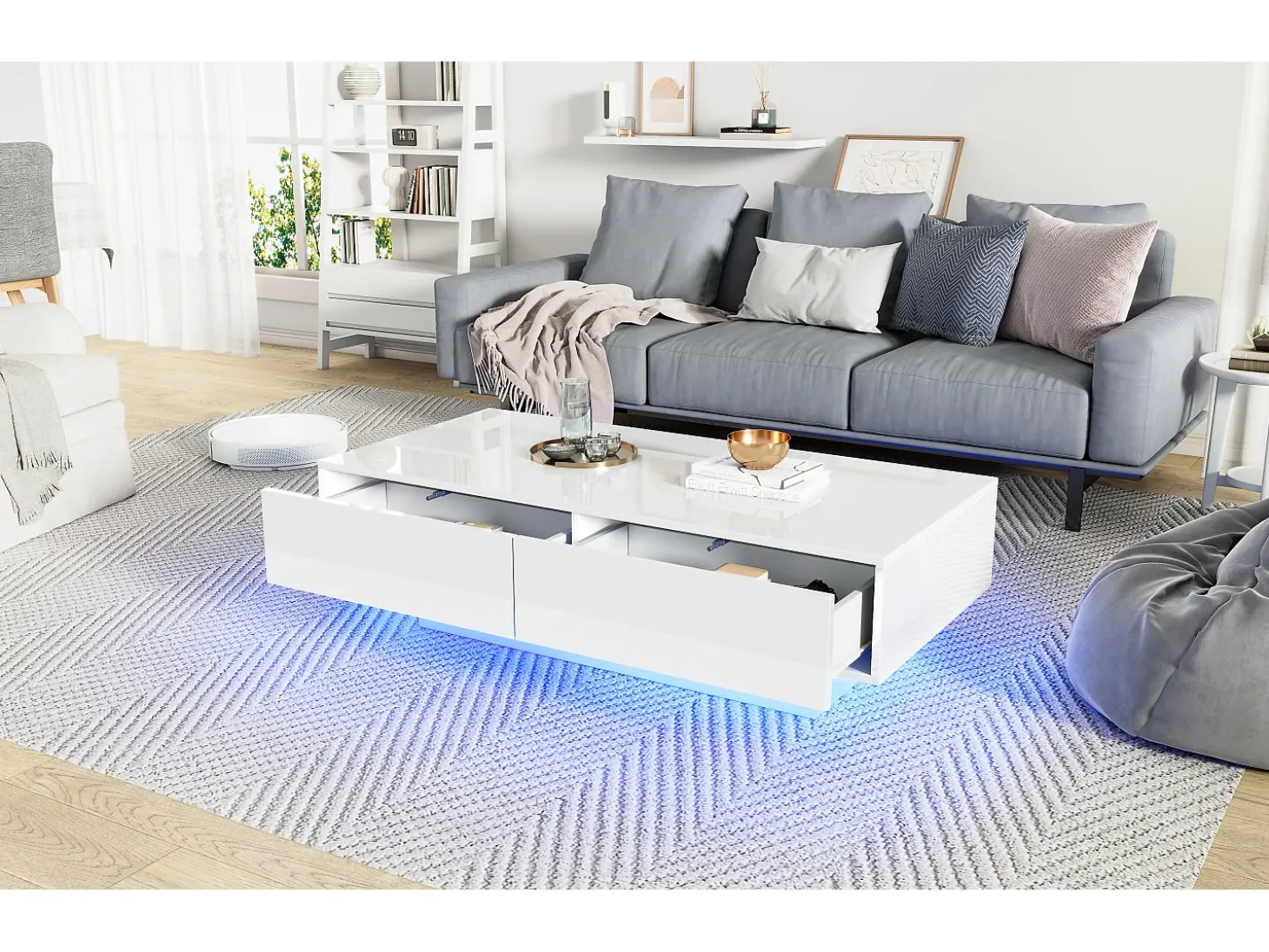 Mesa de centro moderna brilhante com 2 gavetas - 115 x 55 x 34 cm - LEDs - Aglomerado - Preto