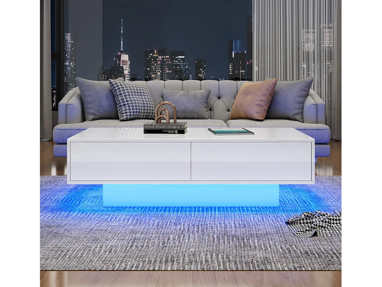 Mesa de centro moderna brilhante com 2 gavetas - 115 x 55 x 34 cm - LEDs - Aglomerado - Preto