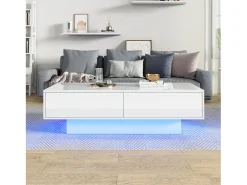 Mesa de centro moderna brilhante com 2 gavetas - 115 x 55 x 34 cm - LEDs - Aglomerado - Preto
