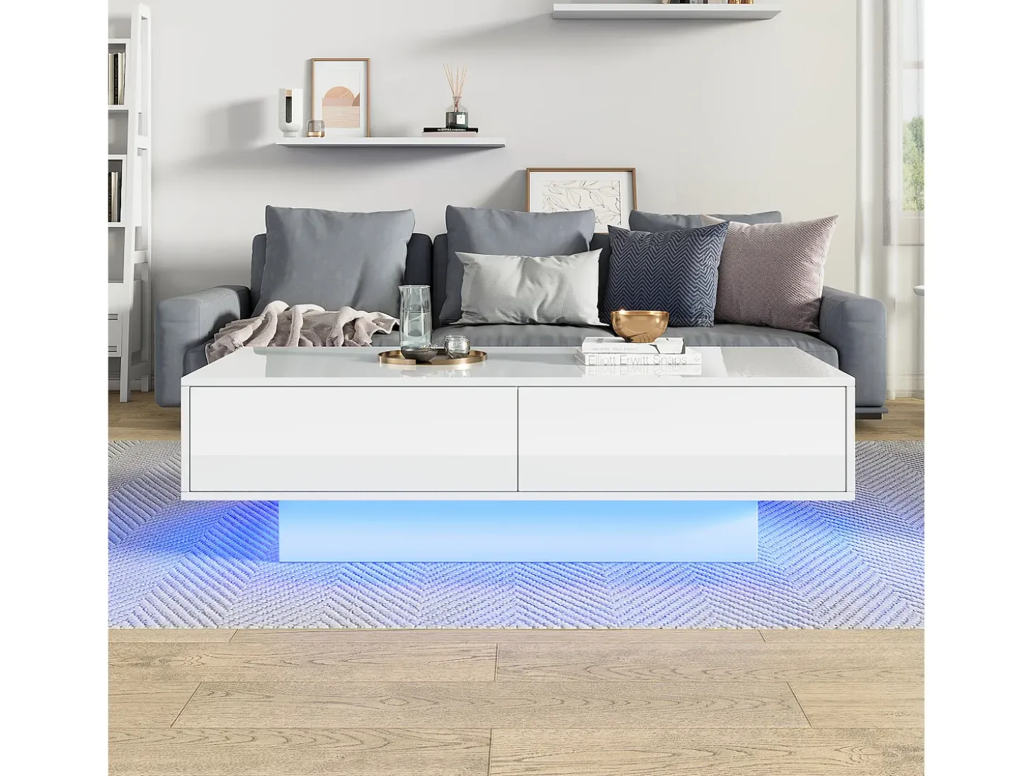 Mesa de centro moderna brilhante com 2 gavetas - 115 x 55 x 34 cm - LEDs - Aglomerado - Preto