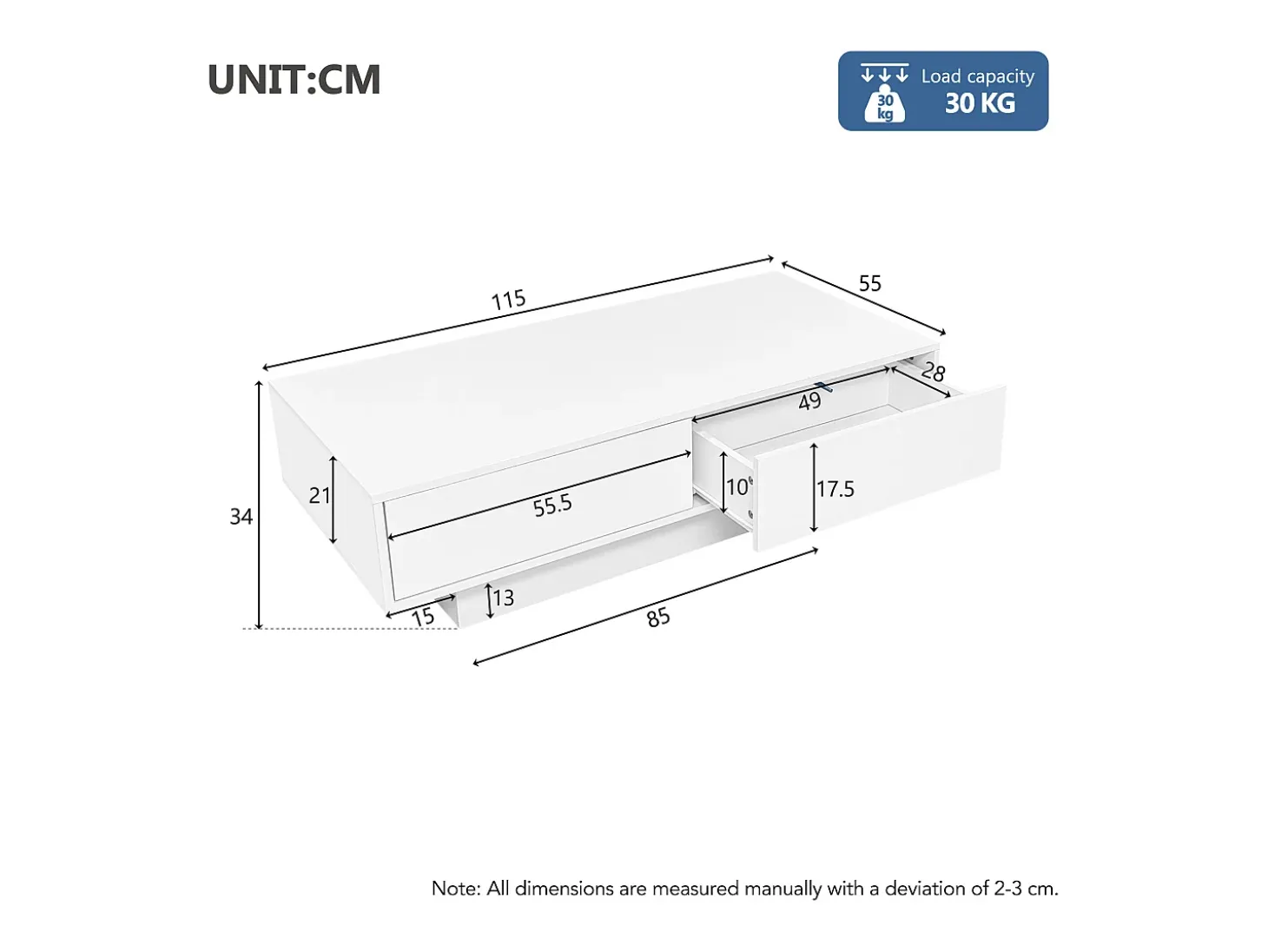 Mesa de centro moderna brilhante com 2 gavetas - 115 x 55 x 34 cm - LEDs - Aglomerado - Preto