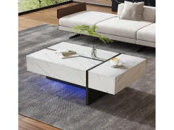Mesa de centro moderna branca com iluminação LED - padrão mármore - tampo brilhante - 105 x 60 x 35 cm - aglomerado - branca