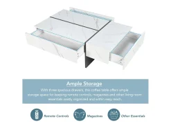 Mesa de centro moderna branca com iluminação LED - padrão mármore - tampo brilhante - 105 x 60 x 35 cm - aglomerado - branca