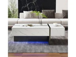 Mesa de centro moderna branca com iluminação LED - padrão mármore - tampo brilhante - 105 x 60 x 35 cm - aglomerado - branca