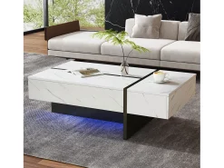 Mesa de centro moderna branca com iluminação LED - padrão mármore - tampo brilhante - 105 x 60 x 35 cm - aglomerado - branca