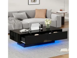 Mesa de centro moderna com acabamento lacado brilhante, iluminação LED e 2 gavetas - Preta