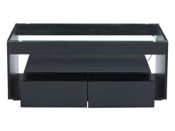 Mesa de centro moderna com 2 gavetas e prateleiras, LED, tampo de vidro temperado, superfície lacada preta