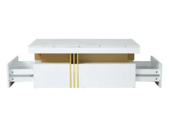 Mesa de centro moderna com 2 gavetas em folheado de mármore branco, bordas laterais em metal dourado