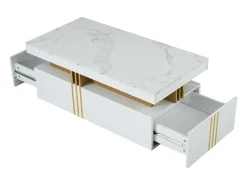 Mesa de centro moderna com 2 gavetas em folheado de mármore branco, bordas laterais em metal dourado