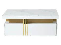 Mesa de centro moderna com 2 gavetas em folheado de mármore branco, bordas laterais em metal dourado