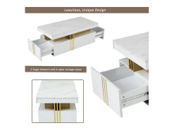 Mesa de centro moderna com 2 gavetas em folheado de mármore branco, bordas laterais em metal dourado