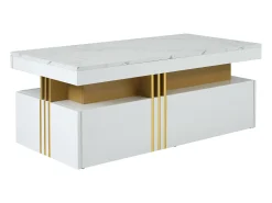 Mesa de centro moderna com 2 gavetas em folheado de mármore branco, bordas laterais em metal dourado